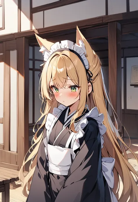 one girl, correct, animal ears, blonde, fox ears, long hair, blush, alone, kimono, maid&#39;s headdress, yellow eyes, white back...