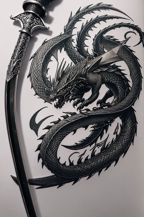 create a tattoo sketch: A silver sword with a black dragon resting on the handle, while his tail surrounds the edge of the sword.