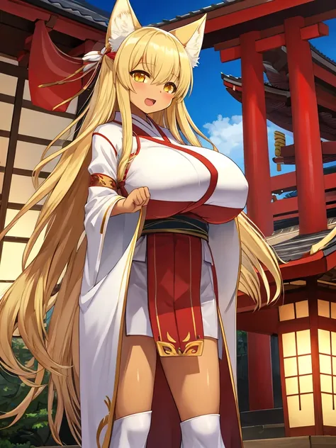 masterpiece, Highest quality, Miko costume ,yellow fox girl,Yellow Eyes,{Dark Skin} ,Huge breasts ,Glowing Skin,Embarrassing,Open your mouth,blonde,Long Hair,,Outdoor,Covered, Are standing, Japanese Shrines