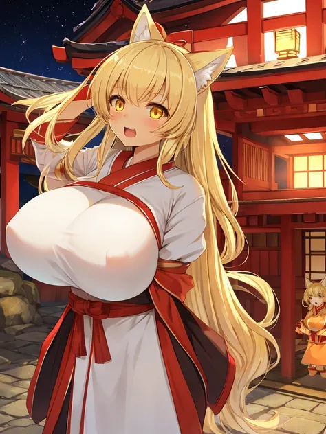 masterpiece, Highest quality, Miko costume ,yellow fox girl,Yellow Eyes,{Dark Skin} ,Huge breasts ,Glowing Skin,Embarrassing,Open your mouth,blonde,Long Hair,,Outdoor,Covered, Are standing, Japanese Shrines