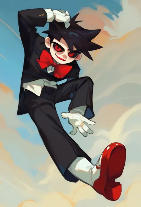 billy, 1boy, solo, full body white mask, red cheeks, black tuxedo with a white shirt and gloves, red bow tie, red handkerchief in the breast pocket, red Mary Janes, red eyes, black sclera, red lips, black hair, small, short, white gloves, long hair