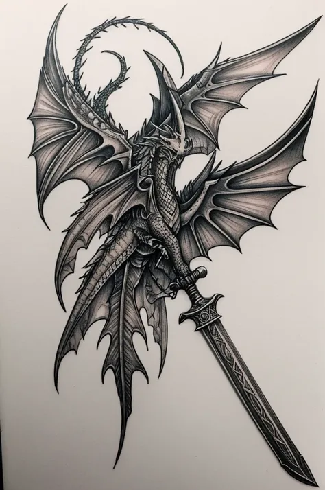 create a sketch of a tattoo of a sword and have a dragon rest on the handle with its wings open and its tail surrounding the edge of the sword.