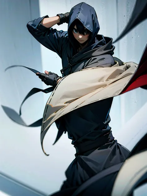 1male, black hair, tied to the back, hood over head, cloak, black yukata, gloves