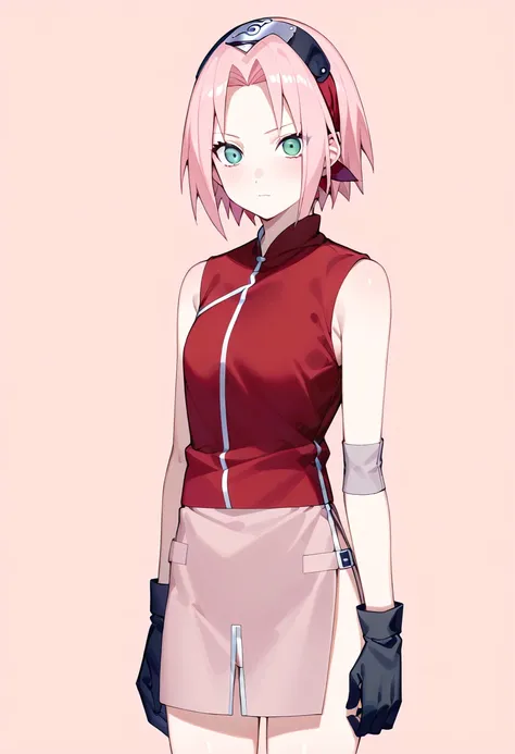 1 girl, sakura haruno, pink hair, short hair, green eyes, sleeveless, red shirt, forehead protector, nice legs, black gloves, st...