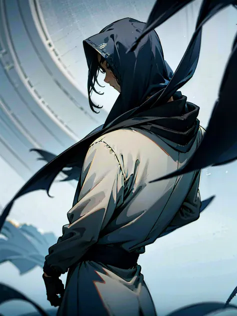 1male, black hair, tied to the back, hood over head, cloak, black yukata, gloves