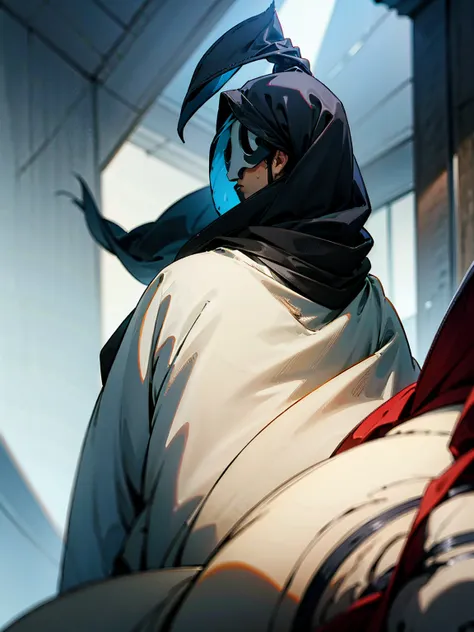 1male, black hair, tied to the back, hood over head, high rise invasion mask, cloak, black yukata, gloves