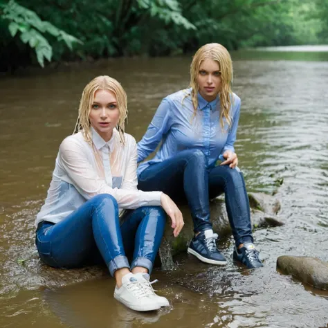 two women, jeans, sneakers, blonde hair, blue eyes, in the rain, wet shirt, wet blouse, white blousesoaked hair, sitting in a cr...