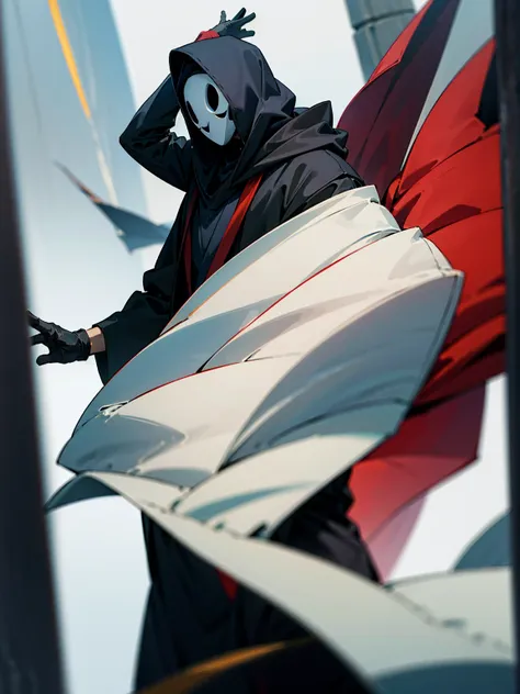 1male, black hair, tied to the back, hood over head, high rise invasion mask, cloak, black yukata, gloves