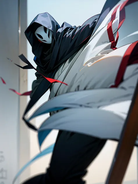 1male, black hair, tied to the back, hood over head, high rise invasion mask, cloak, black yukata, gloves