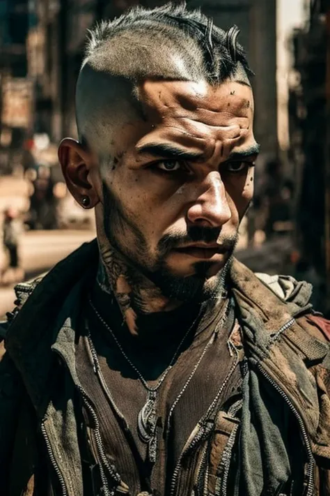 cyberpunk, scavenger, man, dressed in rags, closely shaved hair