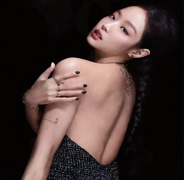 araffed woman with black nails and a black dress posing, blackpink jennie, dilraba dilmurat, showing her shoulder from back, bae...