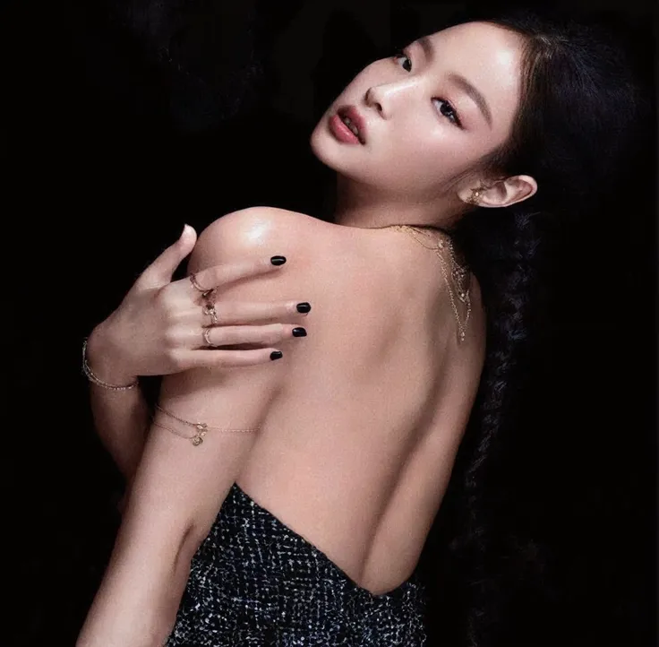 araffed woman with black nails and a black dress posing, blackpink jennie, dilraba dilmurat, showing her shoulder from back, bae...