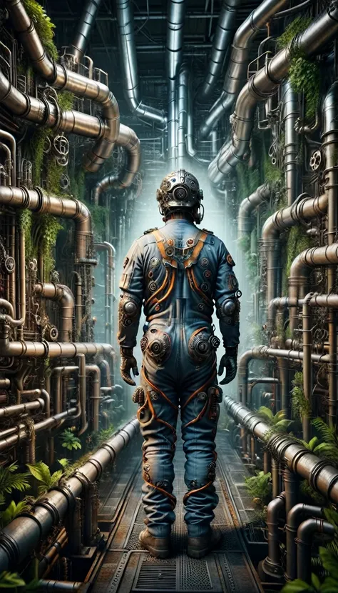 pipe jungle, industrial pipes, architecture made up of pipes and valves, tubular creature, vertical wallpaper, A maze of huge pipes spread high inside the factory, steam blowing out, A worker holding a toolbox in jumpsuits and helmet, back view, looking up...