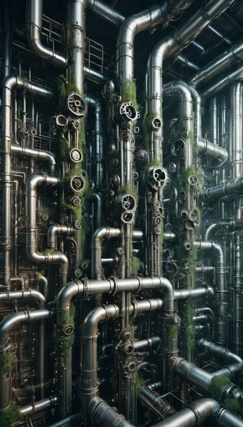 pipe jungle, industrial pipes, architecture made up of pipes and valves, tubular creature, vertical wallpaper, huge maze of pipe...