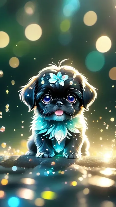 2 adorable small black shih tzu puppies blue crystal eyes, smiling, happy, sparkling crystals, delicate tentacles, vivid colors,...