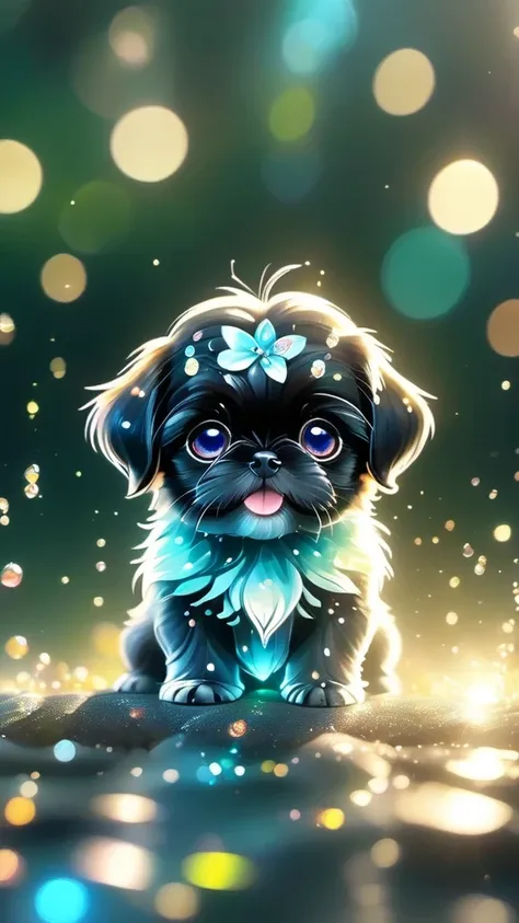 2 adorable small black shih tzu puppies blue crystal eyes, smiling, happy, sparkling crystals, delicate tentacles, vivid colors,...