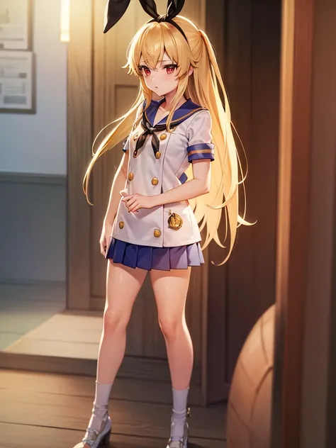 (masterpiece, best quality, highly detailed, ultra detailed, high resolution, absurdres, 4K, 8K:1.2), 
BREAK,shimakaze uniform:1.5, 10 years GIRL,Blonde_HAIR,RED eyes,(RED Ribbon on HAIRband:1.2)