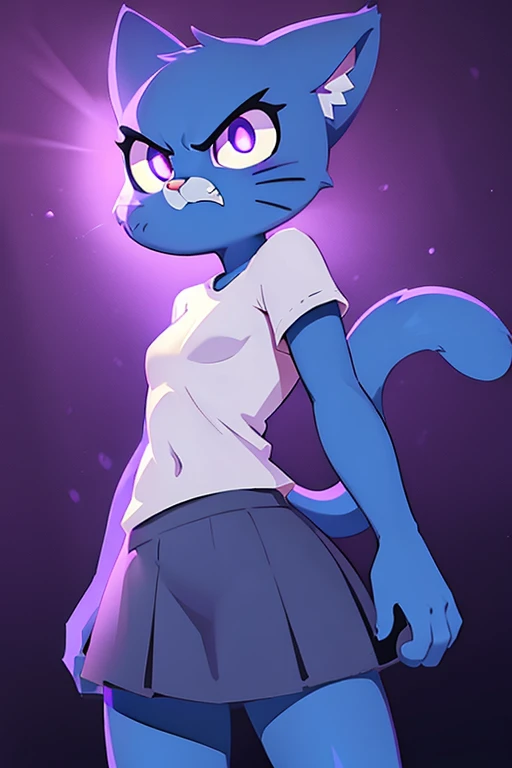 nicolewatterson, cat, blue fur, white shirt, gray skirt, angry, purple glowing eyes, purple rays, darken background