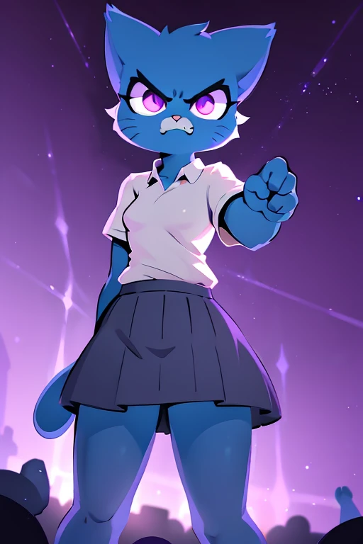 nicolewatterson, cat, blue fur, white shirt, gray skirt, angry, purple glowing eyes, purple rays, darken background