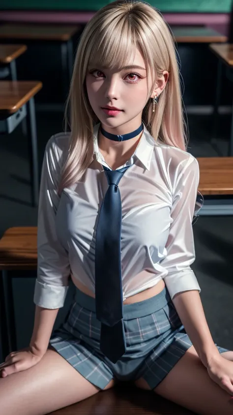 Mix 4, (8k, RAW Photos, Highest quality, masterpiece: 1.45), (Realistic, photoRealistic: 1.37), kitagawa marin,  (Blonde, Pink gradient hair), ((Long Hair, Sink bangs,Colorful Hair, Red eyes)),Pose like a model,Japanese women, 16 years old,high School stud...