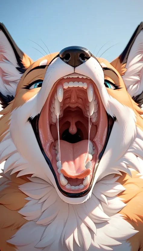 furry fox mouth wide open with teeth close up