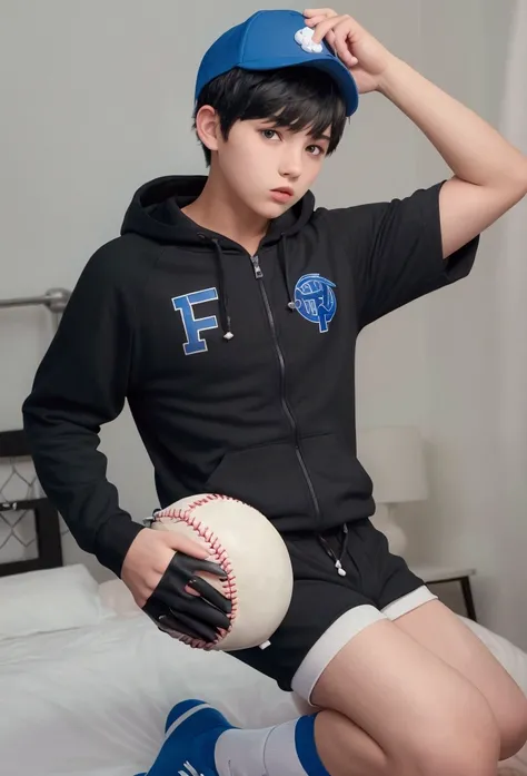 a teen boy with spiky short black hair. He is wearing a blue onesie, with details like a hood with animal ears and paw print patterns. He wears white socks. throwing a baseball, night bedroom background with a baseball cap and a baseball bat.