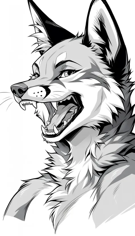 lineart drawing of furry fox mouth wide open with teeth close up line art