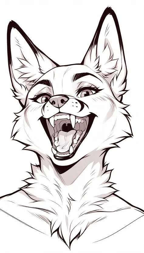 lineart drawing of furry fox mouth wide open with teeth close up line art