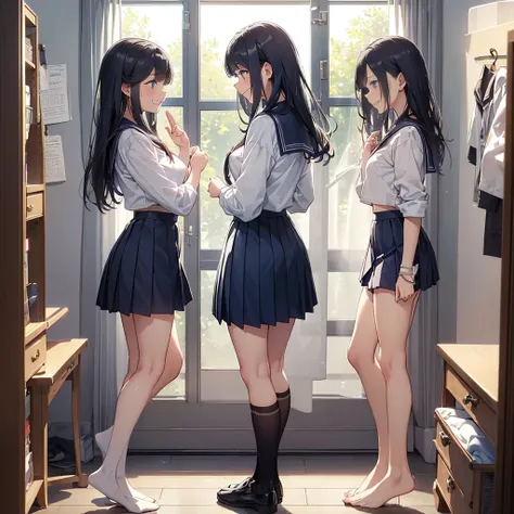 nsfw,side view 5girls,masterpiece, Highest quality, Five girls in a changing room,(looking away:1.2), profile, change clothes, in class room,((undressing)),((half undress)),(((school uniform))),((serafuku)),((Pleated skirt)), ((( みんな同じデザインのを着ている))), (((Eve...