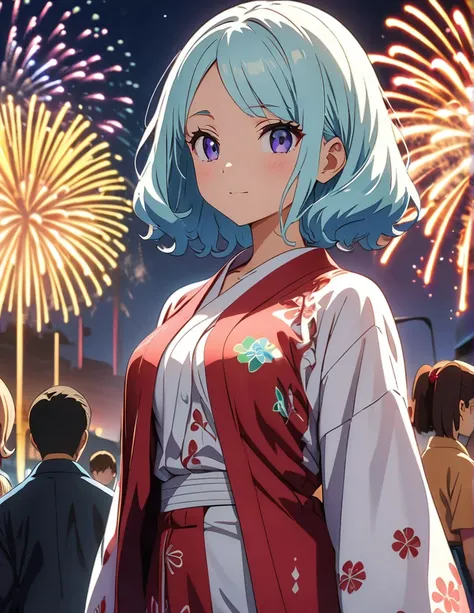 (anime artwork, anime style, studio anime, very detailed, up to date, vibrant, Anime Coloring, high contrast, masterpiece:1.2, best quality, best aesthetics),3 girl,Yukata,firework night festival Medium chest,random hair, One eye is hidden by the bangs, pe...