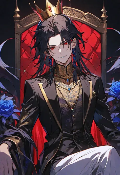 alone,good looking, 
1. male,
bangs,Straight hair,Bob Hair,
Black Hair, 
Satoru Gojo ,noble,
Red eyes,A fearless smile is beautiful,Sexy,darkness,Gold Necklace,
Black suit ,King,crown,Slender,Blue Rose Tattoo,
Black Background ,High resolution, sit,Darknes...