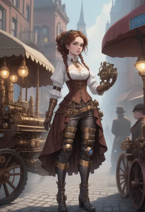 In the middle of a bustling, cobblestone street, a steampunk girl stands confidently. She wears a fitted, brown leather corset over a white ruffled blouse, with intricate brass gears and clockwork mechanisms adorning her outfit. Her skirt is asymmetrical, ...