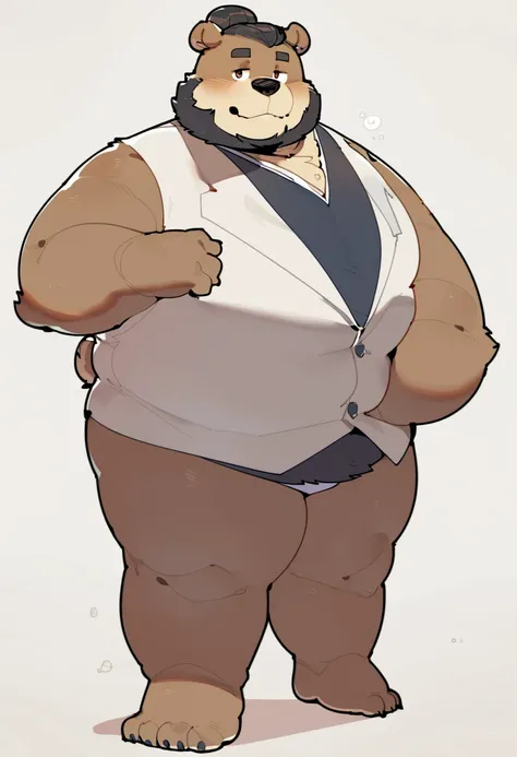 bear,male,have hair,bun hairstyle,with beard,wearing a vest, elegant,solo,anthro,fat,chubby,plump,yaoi,doujin,fullbody,white blank background,by quanjiang,