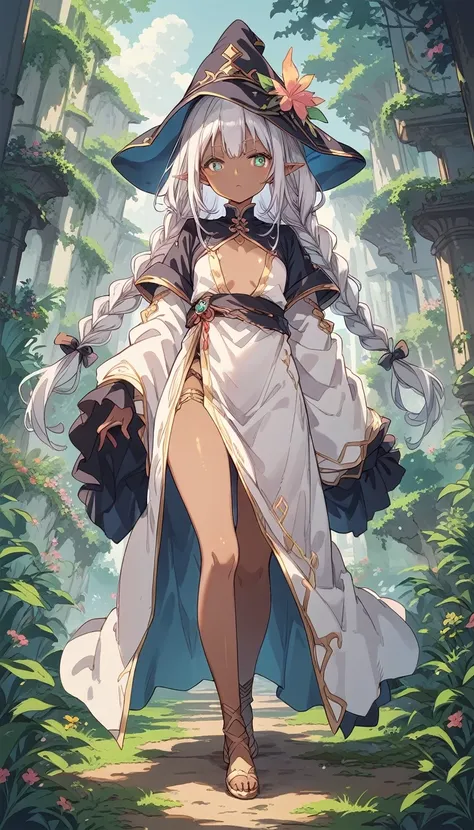 score_9, score_8_up, score_7_up, source_anime, full body, Dark Elf, Female, (dark skin:1.3), (Tall height:1.3), Slender, Small Breasts, Long Braids, Silver Hair, Pointed Hat, Robe