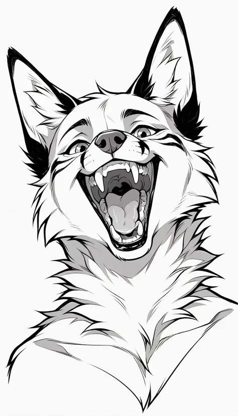 lineart drawing of furry fox mouth wide open with teeth close up line art