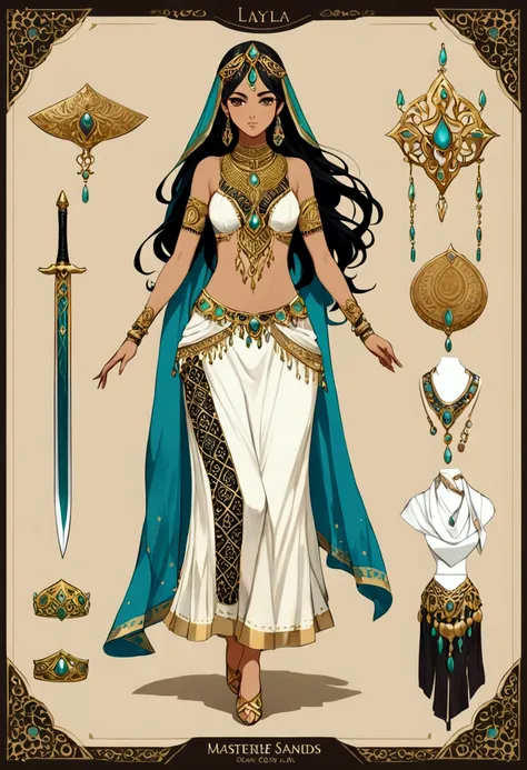 (Masterpiece, best quality), detailed, 1girl, ((character concept art)), ((character design sheet, same character, front, side, back)), many items, (Layla has long, black hair with golden streaks, and her eyes are a mesmerizing gold. She wears a dancer’s o...