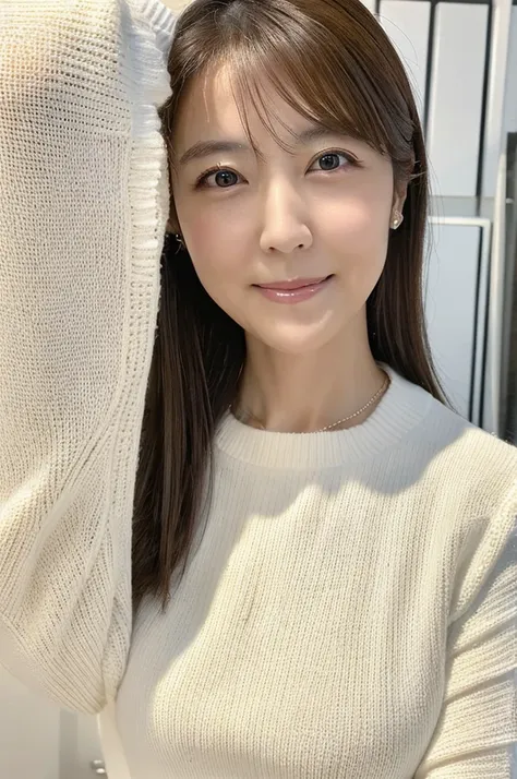 ((highest quality)), ((masterpiece)), (detailed),perfect face,japanese,mature woman,upper body,white sweater