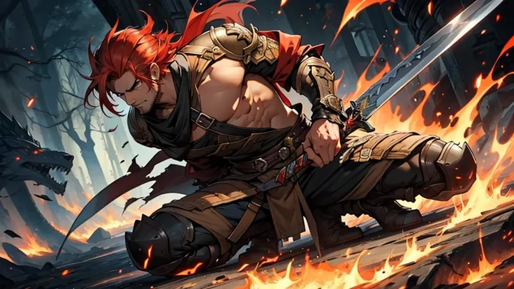 Damaged hair from fire,1 man, red hair, honey colored Eyes, Serious expression, Monster Hunter Style, fantasy sword on right hand, sword on left hand, rowdy, handsome, high details, full body art