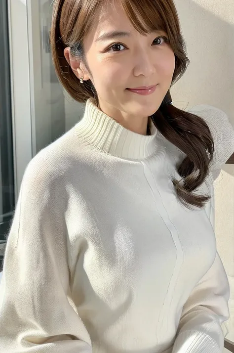 ((Highest quality)), ((masterpiece)), (detailed),Perfect Face,Japanese,Mature Woman,Upper Body,White sweater