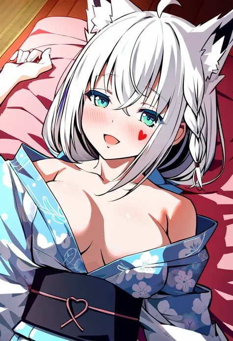 one girl, Shirakami Fubuki, fox ears, white hair, yukata, cute, beautiful, my girlfriend, lying on futon, be ready for sex, love me, heart marks, upperbody focus