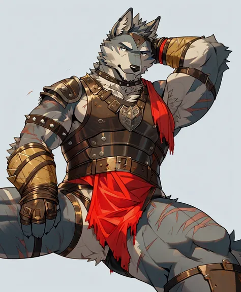 Solo Sexy young anthro furry wolf male mercenary medieval solider, slim endomorph muscular, anthro handsome gay shorter muzzle, handsome gay model male apperance, sword scars, worn out leather skimpy armament, low on hips heavy leather belt, old very worn ...