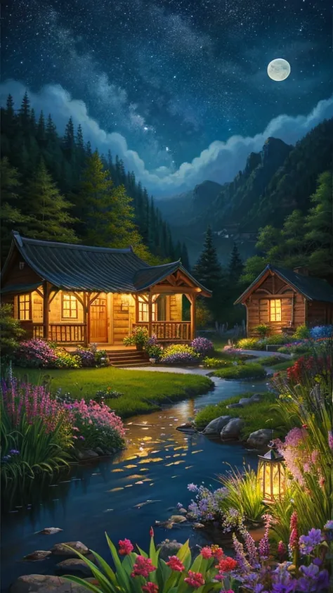 Highest quality、Landscape painting、nature、night景、night、moon、Starry Sky、Beautiful light、flower、I see a small house

