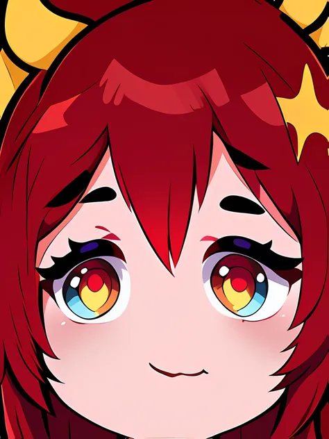 {{{anime style}}}, (((high quality, masterpiece))), chibi style, emote twitch a girl, solo, ((( long  ruby red hair))), (((eyes red and gold))).