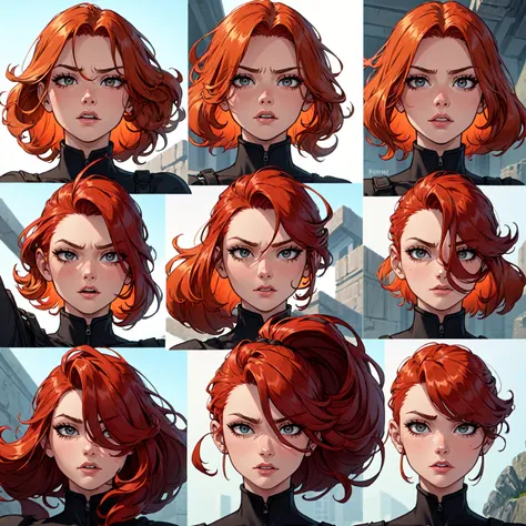 a close up of a person with red hair and many different expressions, long ginger hair windy, windy hair, expressions, detailed facial expression, detailed facial expressions, wind blowing hair, facial expressions, strong facial expression, hair flowing, sh...