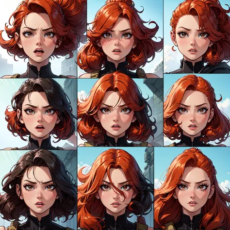 a close up of a person with red hair and many different expressions, long ginger hair windy, windy hair, expressions, detailed facial expression, detailed facial expressions, wind blowing hair, facial expressions, strong facial expression, hair flowing, sh...