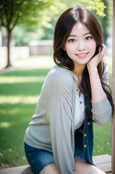 Innocent Japanese girl, trendy loose casual fashion, natural hair styles, impressive big brown eyes, pure smile, refreshing in early summer sunlight, feeling soft breeze in hair, sitting, relaxed pose, professional portrait photography, sunlight, film phot...