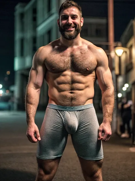 realistic photo of muscular bearded (man),  ((massive hairy pecs)), big pecs, big arms, bulge, VPL, intricate, homoerotic, sharp focus, photo by greg rutkowski, soft lighting, vibrant colors, (masterpiece), ((streets)), (detailed face), looking at viewer, ...