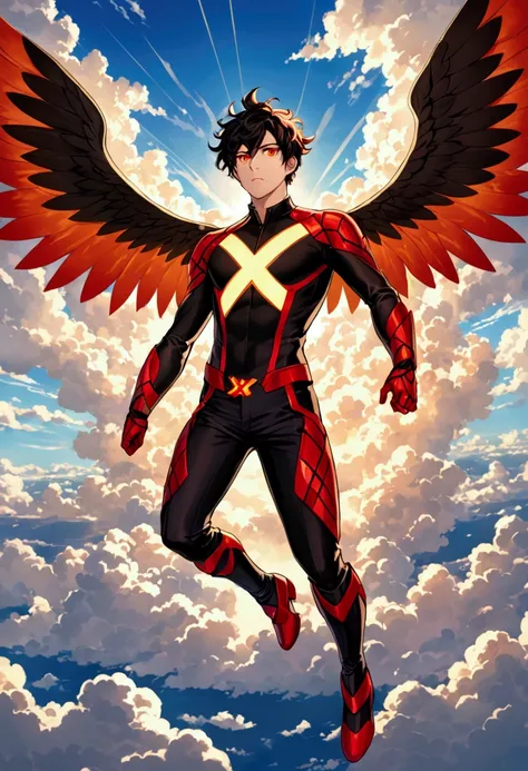 A young man with red and black hair and fiery orange eyes is wearing a black and red suit with an X pattern on his chest. He has large, vibrant red and yellow wings spread out behind him. He is flying in the sky with clouds and sunlight in the background, ...