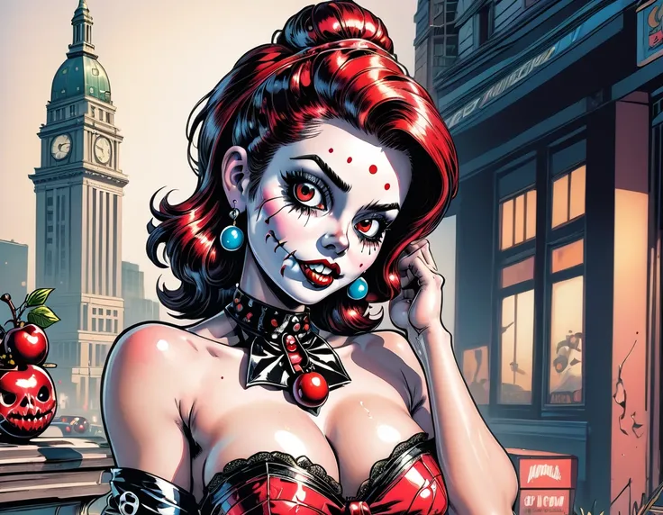 An ultra meticulously detailed retro comic, pop art style, exaggerated Ben-Day dots, colored pencil, hand drawn illustration portraying a portrait by Clyde Caldwell and Gil Elvgren of a gorgeous retro pin up, undead zombie girl in a short and cute retro ch...