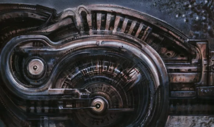 xgiger, The image is a detailed view of H.R. Gigers biomechanical tableau " LANDSCAPE No 312 " plate, featuring
a complex, intricate, and detailed design of endless Machine in the transit space over the cascade of fallen water, that appears to be a fusion ...